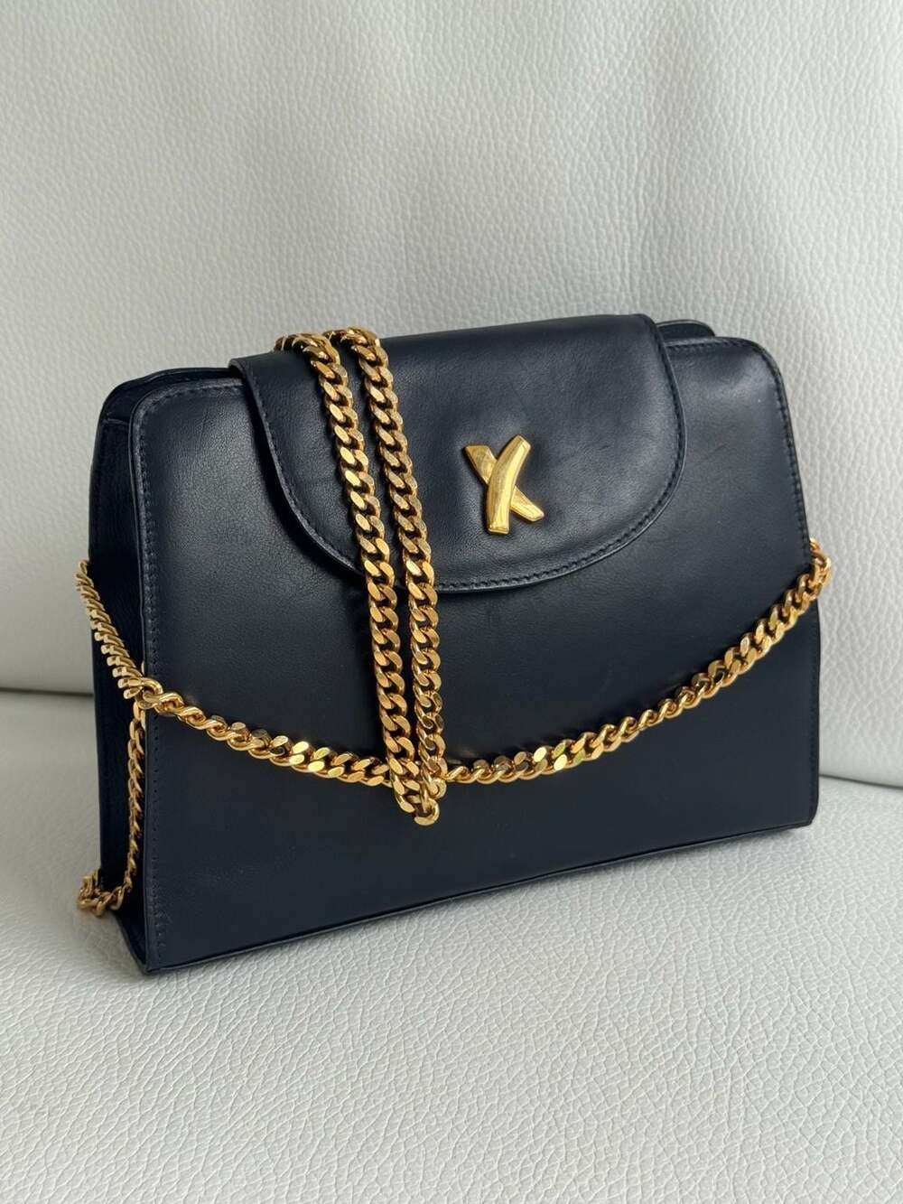 Paloma Picasso Vintage Black Leather Shoulder Bag with heavy Gold Chain